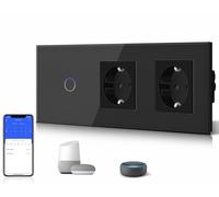 BSEED interruptores de luz Wifi,interruptores tactil empotrado y Enchufe con Tipo C y USB,Panel de Cristal,Control Remoto,Requiere Cable Neutro,1 Gang 1 Vía + 2 WIFI Enchufes,228mm Negro