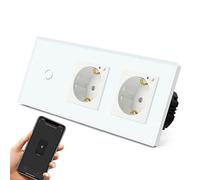 BSEED Smart Alexa interruptor de la luz con doble toma de corriente, empotrado vertical Alexa vidrio Schuko tomas de extensión, único vivo wifi touch interruptor de la luz 1 compartimento 1 vía blanco
