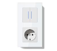 BSEEDLIFE Enchufe con Interruptor,Interruptor Pared Reinicio Empotrado con Marco de Cristal con LED Indicador,2 Gang 1 Vía,157 * 86mm Blanco(Reinicio automático Pulsadores)