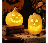 Bseical Calabazas Halloween con Luz LED Cálida Set de 2, Calabazas Decorativas de PP Reforzado Impermeables para Interior y Exterior, Ideales para Fiestas, Decoración de Otoño y Hogar, Blanco