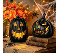 Bseical Calabazas Halloween con Luz LED Cálida Set de 2, Calabazas Decorativas de PP Reforzado Impermeables para Interior y Exterior, Ideales para Fiestas, Decoración de Otoño y Hogar, Negro
