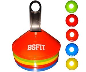 BSFIT Juego de Conos de Entrenamiento (50 Piezas) - Conos Fútbol y Agilidad Tipo Champiñón, Conos de Disco 5 Colores Multideporte con Soporte de Transporte para Fútbol, Baloncesto y Fitness