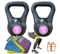 BSFIT Kettlebell Plástica Rellena Hormigón - Pesa Rusa Antideslizante Cross Training, Funcional, Entrenamiento en Casa y Gimnasio/set de kettlebell (2 RUSAS 3KG (3 Bandas de regalo))