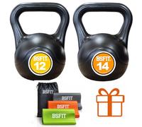 BSFIT Kettlebell Plástica Rellena - Pesa Rusa Antideslizante para Cross Training, Fuerza Funcional, Entrenamiento en Casa y Gimnasio (RUSAS 12 + 14KG(Bandas de regalo))