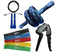 BSFIT Kit Multifuncional de Fitness 4 en 1 | Gomas Elásticas Musculación, Bandas Elásticas Resistencia, Rueda Abdominal, Comba Boxeo y Hand Grip para Entrenamiento en Casa y Ejercicios de Antebrazo