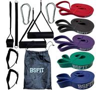 BSFIT Set De Bandas Elásticas Asistencia En Dominadas - 5 Bandas De Resistencia, Tobilleras, Mosquetones, Asas De Caucho, Anclaje De Puerta, Cinta - Straps Gym (Set Completo)