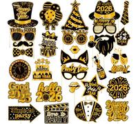 BSITSSS 30 Piezas Photocall Feliz Año Nuevo 2026, Accesorios Fotomatón Happy New Year, Oro y Negro Photo Booth Props para Fiesta Año Nuevo Cumpleaños Fotos Accesorios