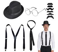 BSITSSS Agente Disfraz Accesorios, Disfraz Vigilante Seguridad, Accesorios para Disfrazde Hombre en Negro con Sombreros, Corbatas, Tirantes para Pantalones, Gafas, Bigotes para Hombres Mujeres