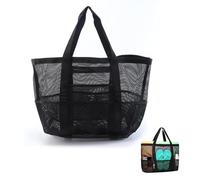 BSITSSS Bolso de Playa para Mujer Súper Grande, Bolso de Nailon de Malla, Grande Bolsa de Compra Familiar Plegable, para Viaje Compras Juguetes,Negro, para Playa, Viaje, Piscina