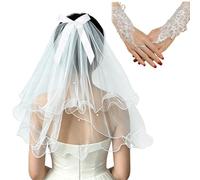BSITSSS Velo Novia Blanco 2 Niveles y Guantes, Bride to Be Velo de Novia con Lazo de Perlas, Velos Novias Despedida con Peine para Fiesta Despedida Soltera Boda Pedida de mano Compromiso