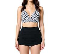 Bslingerie® Conjunto de bikini retro de media copa para mujer, Negro Verificado, S