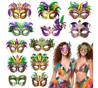 BSLVWG 9 máscaras de Mardi Gras para carnaval, desfile de carnaval, máscaras faciales de plumas sintéticas, decoraciones novedosas de fantasía para mujeres y hombres, recuerdos de fiesta