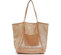 BSLVWG Bolsa de playa de malla, bolso casual para mujer, bolso hobo plegable con bolsillo interior grande, bolso de hombro tejido resistente a la arena, marrón