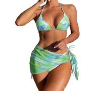 BSLVWG Conjunto de bikini de 3 piezas para mujer con falda, bikini con tirantes, bikini sexy de triángulo, bikini de playa, traje de baño, ropa de baño, trajes de baño, L