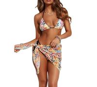 BSLVWG Conjunto de bikini de 3 piezas para mujer con falda, parte superior de bikini halter, parte superior de bikini triangular, traje de baño de playa, Dot, M