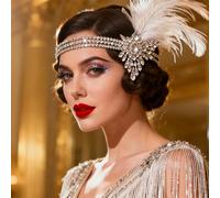 BSLVWG Diadema de los años 20, diadema con diamantes de imitación, tocado con borlas, diadema para novia, boda, diadema con plumas blancas, accesorios para el cabello, cadena para la cabeza para mujer