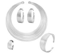 BSLVWG Juego de 5 piezas de joyería para mujer, collar de declaración nacional africana, brazalete abierto, conjunto de joyas gruesas para disfraz, aretes de aro, anillos, brazalete, gargantilla