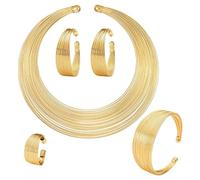 BSLVWG Juego de 5 piezas de joyería para mujer, collar de declaración nacional africana, brazalete abierto, conjunto de joyas gruesas para disfraz, aretes de aro, anillos, brazalete, gargantilla