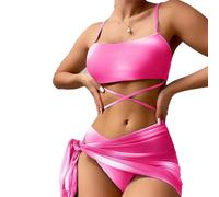 BSLVWG Mujeres Vestido de Bikini de 3 Piezas Halter Bikini Top Sexy Bikinis Triangular Parte Inferior bañador de Playa bañador (FR/ES, Letras, M, Regular, Regular, Rosa Caliente)