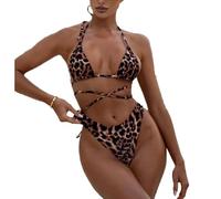 BSLVWG Traje de Bikini para Mujeres con Tirantes Triangulares Atados, Bañador Sexy de Leopardo con Fondo Lateral de Dos Piezas