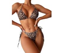 BSLVWG Traje de Bikini para Mujeres Tirantes Triangulares Atados bañadores Sexy bañadores de Leopardo Atados Fondo Lateral bañadores de Dos Piezas (FR/ES, Letras, M, Regular, Regular, Marrón-1)