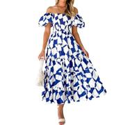 BSLVWG Vestido de verano para mujer, con hombros descubiertos, estampado floral, acampanado, bohemio, manga abombada, vestido largo para la playa, 02., S