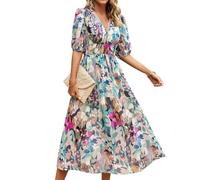 BSLVWG Vestido largo bohemio para mujer, cuello en V, estampado floral, cintura alta, bohemio, verano, playa, vacaciones, largo por debajo de la rodilla, Colorido, L