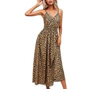 BSLVWG Vestido largo de verano para mujer con tirantes espaguetis acampanado con cuello en V sin mangas con estampado de leopardo, marrón, XXL Grande