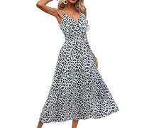 BSLVWG Vestido largo de verano para mujer con tirantes espaguetis acampanado con cuello en V sin mangas con estampado de leopardo, Blanco, M