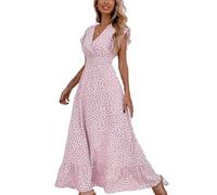 BSLVWG Vestido Maxi Femenino Pétalos de Volantes, Mangas Cortas, Flores de Cuello V en Plena floración, Faldas largas de Ocio en la Playa de Verano
