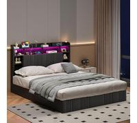 BSMGSGN Cama de matrimonio con almacenamiento, 160 x 200 cm, cama acolchada con sistema de elevación a gas y LED USB, cabecero con función de almacenamiento, estructura de cama con somier de láminas
