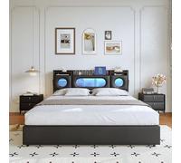 BSMGSGN Cama de matrimonio de 140 x 200 cm con contenedor hidráulico, cabecero iluminado LED, estructura de la cama de poliuretano negro, puertos USB y Type-C, almacenamiento a gas, sin colchón
