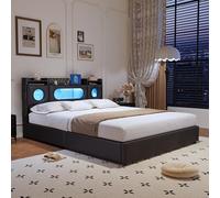 BSMGSGN Cama de matrimonio de 160 x 200 cm con contenedor hidráulico, cabecero iluminado LED, estructura de la cama de poliuretano negro, puertos USB y Type-C, almacenamiento a gas, sin colchón