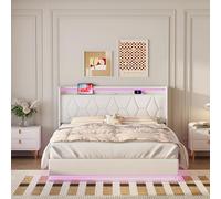 BSMGSGN Estructura de Cama Doble de 140 x 200 cm con Luces LED y Estación de Carga, Cama con Almacenaje Hidráulica Tapizada, Láminas de Madera, No Necesita Somier, Sin Colchón