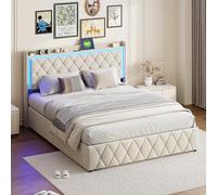 BSMGSGN Estructura de Cama Doble de 140 x 200 cm con Luces LED y Estación de Carga, Cama con Almacenaje Hidráulica Tapizada, Láminas de Madera, No Necesita Somier, Sin Colchón