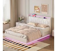 BSMGSGN Estructura de Cama Doble de 160 x 200 cm con Luces LED y Estación de Carga, Cama con Almacenaje Hidráulica Tapizada, Láminas de Madera, No Necesita Somier, Sin Colchón