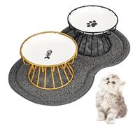 bssmmai 2 cuencos planos de cerámica elevados con soporte de metal y alfombrilla antideslizante, comedero elevador para gatos, soporte para comida para gatos (patrón de hueso de pez + patrón de pata