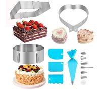 bssmmai 3 Piezas Aro Para Tartas Ajustable 16-30cm, Molde Extensible Rectangular Reposteria, Anillo de Pastel de Corazón Ajustable, con 1 Manga Pastelera + 6 Puntas de Repostería