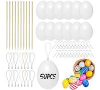 Bstalpine 50 huevos de Pascua para pintar, 6 cm, huevos de plástico para pintar con 50 cintas y 50 alambres, huevos para pintar y colgar, huevos de Pascua blancos para decoración creativa de Pascua