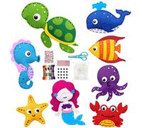 BSTCAR Juego de costura de fieltro para niños, 8 unidades, con diseño de sirenas, tortugas, ballenas, calamares, cangrejos, estrellas de mar, caballitos de mar, peces tropicales, manualidades de