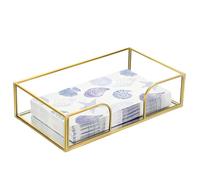 BSTKEY Servilletero de vidrio con parte inferior de espejo, bandeja rectangular de almacenamiento de servilletas de papel de seda, bandeja de servir para el hogar, organizador dorado para servilletas,
