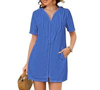 Bsubseach Cubierta de tela de rizo, para mujer, con cremallera, con capucha, batas de playa con bolsillos, Azul, XL