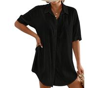 Bsubseach Mujer Vestido Corto Camisero de Playa Traje de Baño Cover Ups Túnica Cubre Bikini de Verano Ropa de Playa Color Sólido Negro L