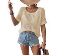 Bsubseach Tops de ganchillo para mujer, manga corta, para trajes de baño, suéter de punto ahuecado, parte superior de malla 2026, Albaricoque, M