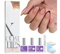 BTArtboxnails XCOATTIPS - Uñas cortas a presión, tonos de piel, puntas de uñas de almendra, puntas de uñas de gel suave con gel de uñas, dúo protector francés, lámpara de uñas, kit de uñas postizas
