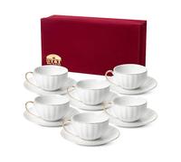 BTaT- Juego de 6 tazas de té y platillos blancos con caja de regalo, 7 onzas, juego de 6 tazas de té con borde dorado, juegos de taza y platillo, juego de 6 tazas de té para adultos, juego de 6 tazas