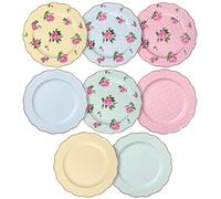 BTaT- Juego de 8 platos florales de porcelana de 8 pulgadas, colores pastel surtidos con borde dorado, platos de postre florales, vajilla de primavera, aptos para lavavajillas y congelador