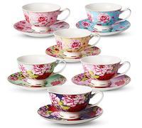 BTaT- Juego de tazas de té y platillos, diseño floral, juego de tazas de té de porcelana, apto para lavavajillas, juego de 6, 8 onzas, regalo para el día de la madre