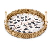 BTBHIHO Bandeja vintage de ratán con asas, bandeja decorativa de estilo boho con decoración de hojas de panadería, placas redondas de almacenamiento para desayuno, bebidas, aperitivos, postres, pan