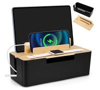 BTBHIHO Caja de gestión de cables para cables con tapa de bambú, caja de almacenamiento para ocultar cables, organizar para salón, dormitorio, estudio, negro